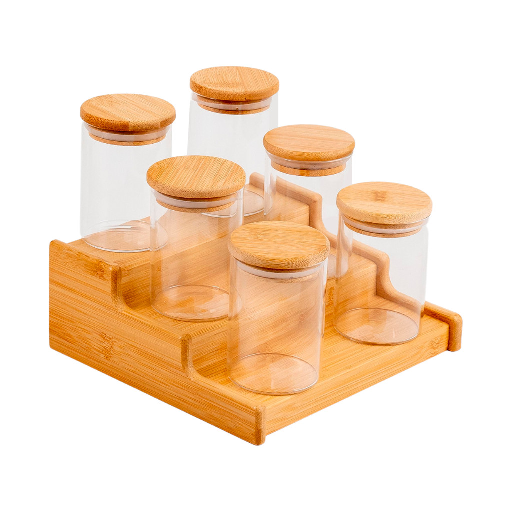 Kit 6 Potes Hermético 250ml com Tampa de Bambu E Rack Organizador de Bambu - Oik