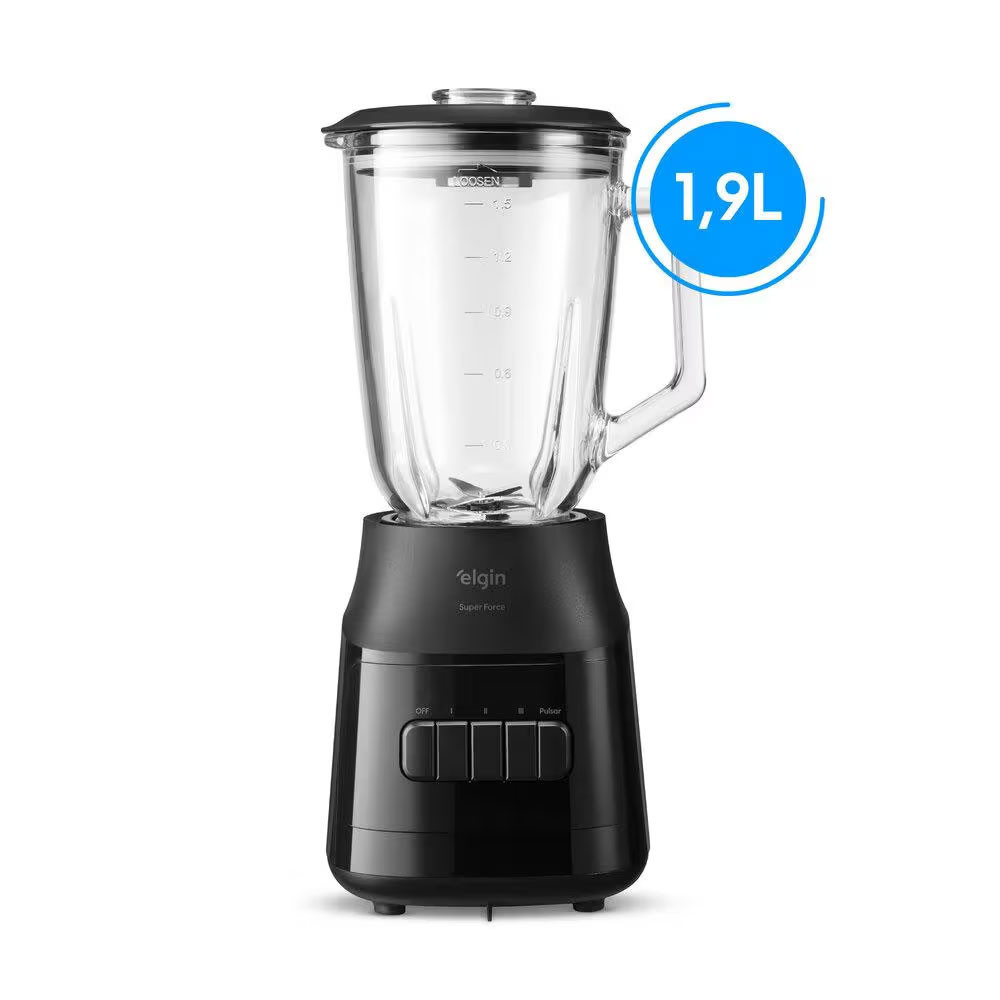 Liquidificador Super Force Preto 900W 3 Velocidades Jarra de Vidro 1,9L Função Pulsar Elgin