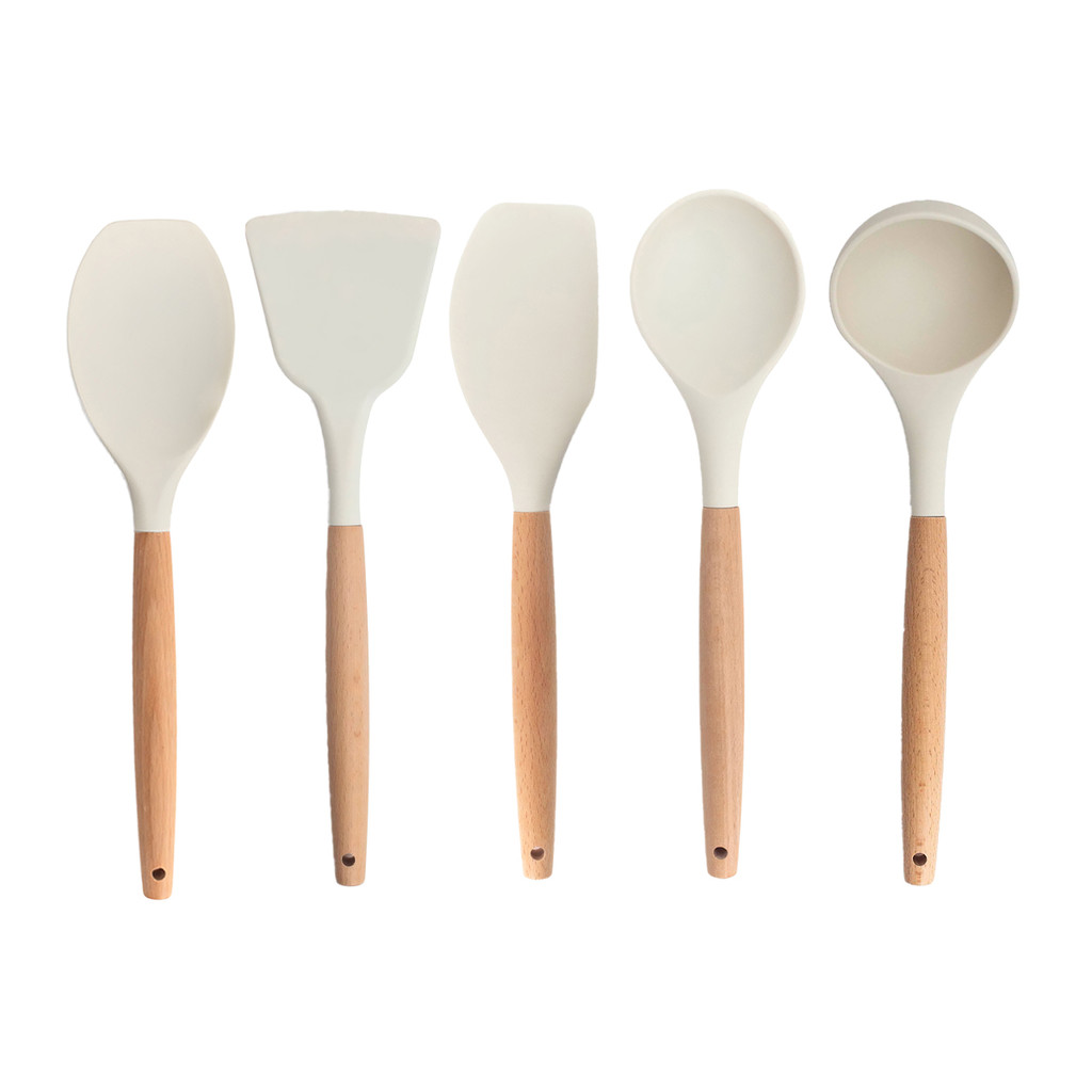 kit 5 utensílios de silicone com cabo de madeira para cozinha - oikos em Oferta na Shopee