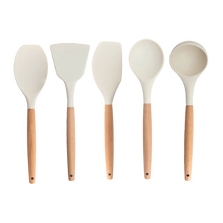 kit 5 utensílios de silicone com cabo de madeira para cozinha - oikos em Oferta na Shopee