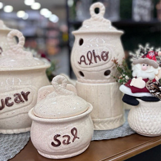 Kit Saleiro e Alheiro de Cerâmica Pintado à Mão Artesanal Mantimentos Pote Alho e Sal em Oferta na Shopee