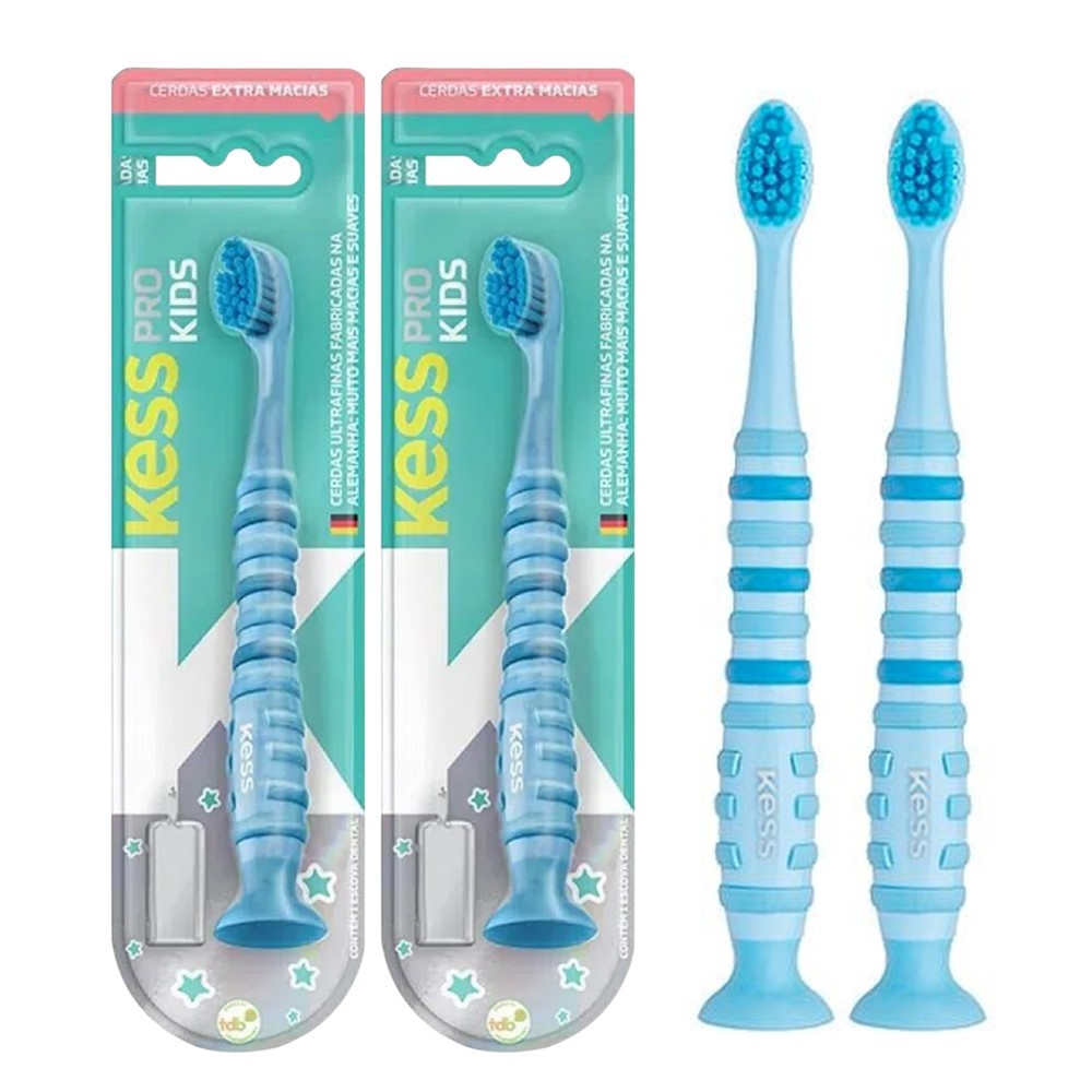 Kit 2 Escova de Dente Infantil com Ventosa Cerdas Extra Macia Pro Kids Kess Azul em Oferta na Shopee