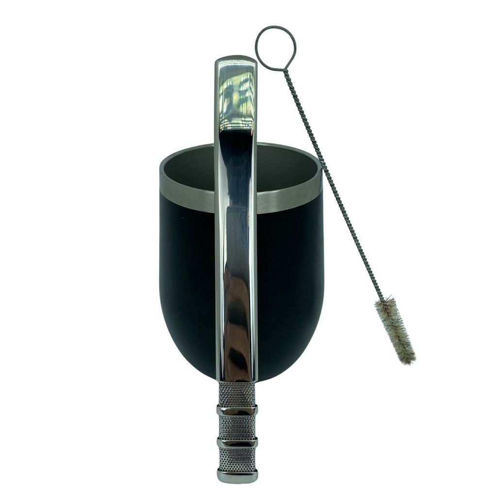 Kit tereré copo cuia térmico 350ml parede dupla inox preto + bomba tela clássica 18cm + escova higiênica
