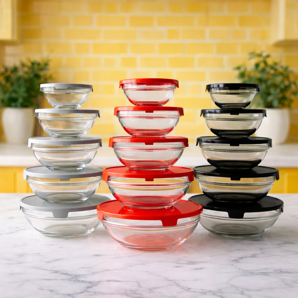 Potes de Vidro Hermético Redondo com Tampa Kit 5 Peças - Recipiente Vasilha Organização Cozinha Geladeira Freezer
