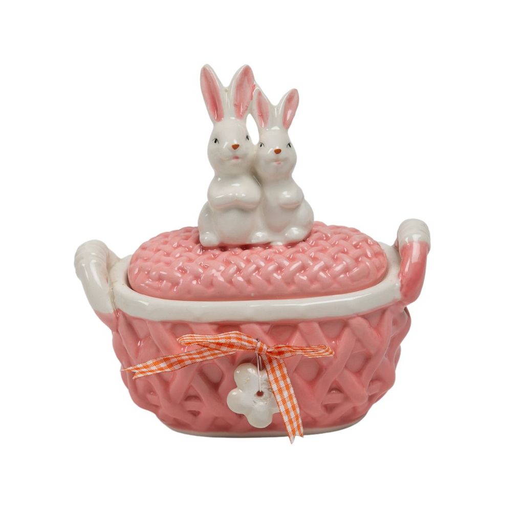 CESTINHA CERAMICA C/TAMPA E COELHO 14X7.5X15CM ROSA em Oferta na Shopee