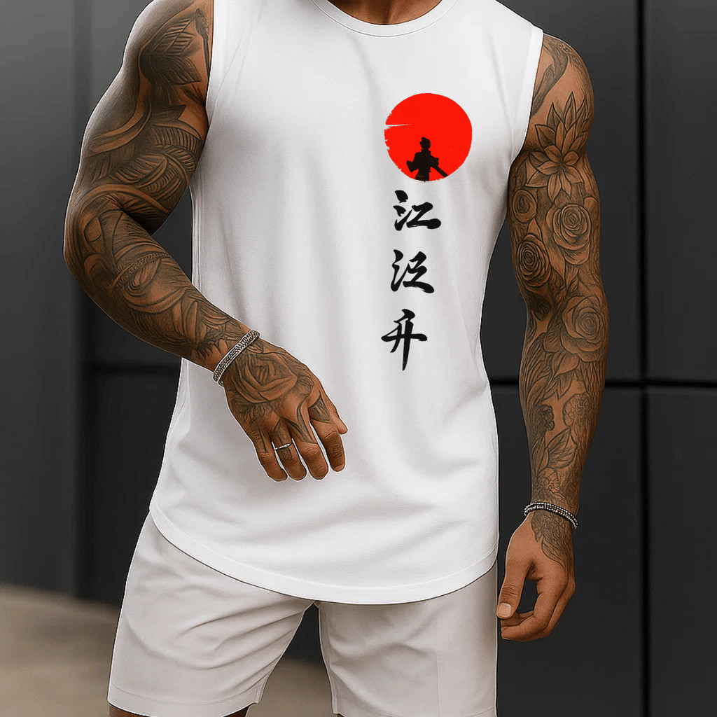 Regata Masculina Academia Algodão 100% Estampada Lua Japonesa Premium Treino Fitness Casual Streetwear Verão