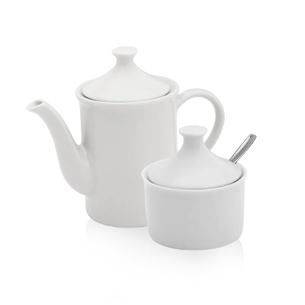 Conjunto Bule 650ml + Açucareiro Chá Café Porcelana Branco Cerâmica Café