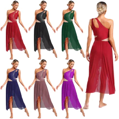 Yeahdor Feminino Traje De Dança Lírica Strass Brilhantes Um Ombro Sem Mangas Recorte Alto-Baixo Vestido De Malha Fluida
