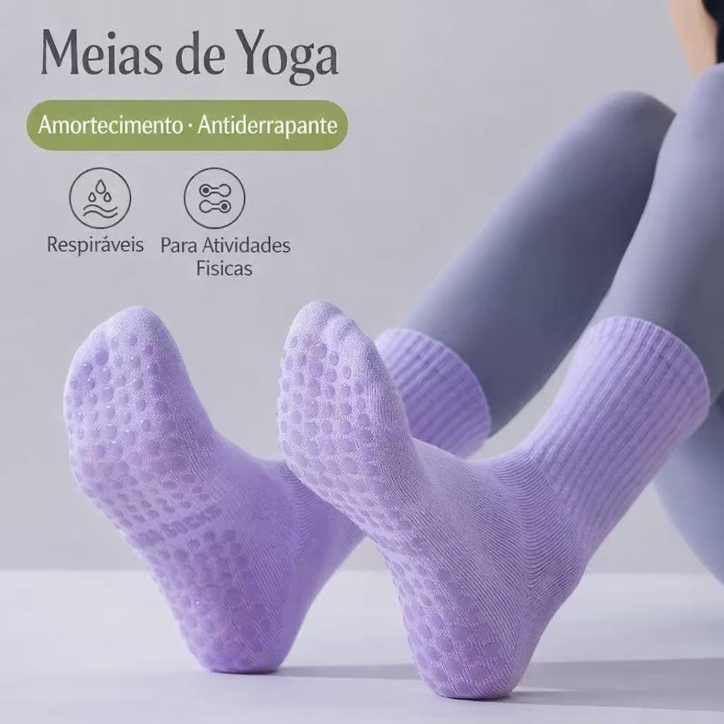 kit 3 pares meia cano longo moda feminina com antiderrapante esporte pilates yoga algodão em Oferta na Shopee