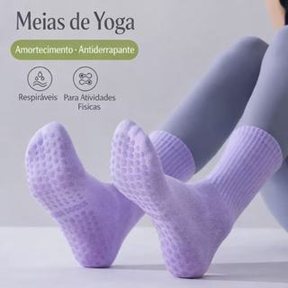 kit 3 pares meia cano longo moda feminina com antiderrapante esporte pilates yoga algodão em Oferta na Shopee
