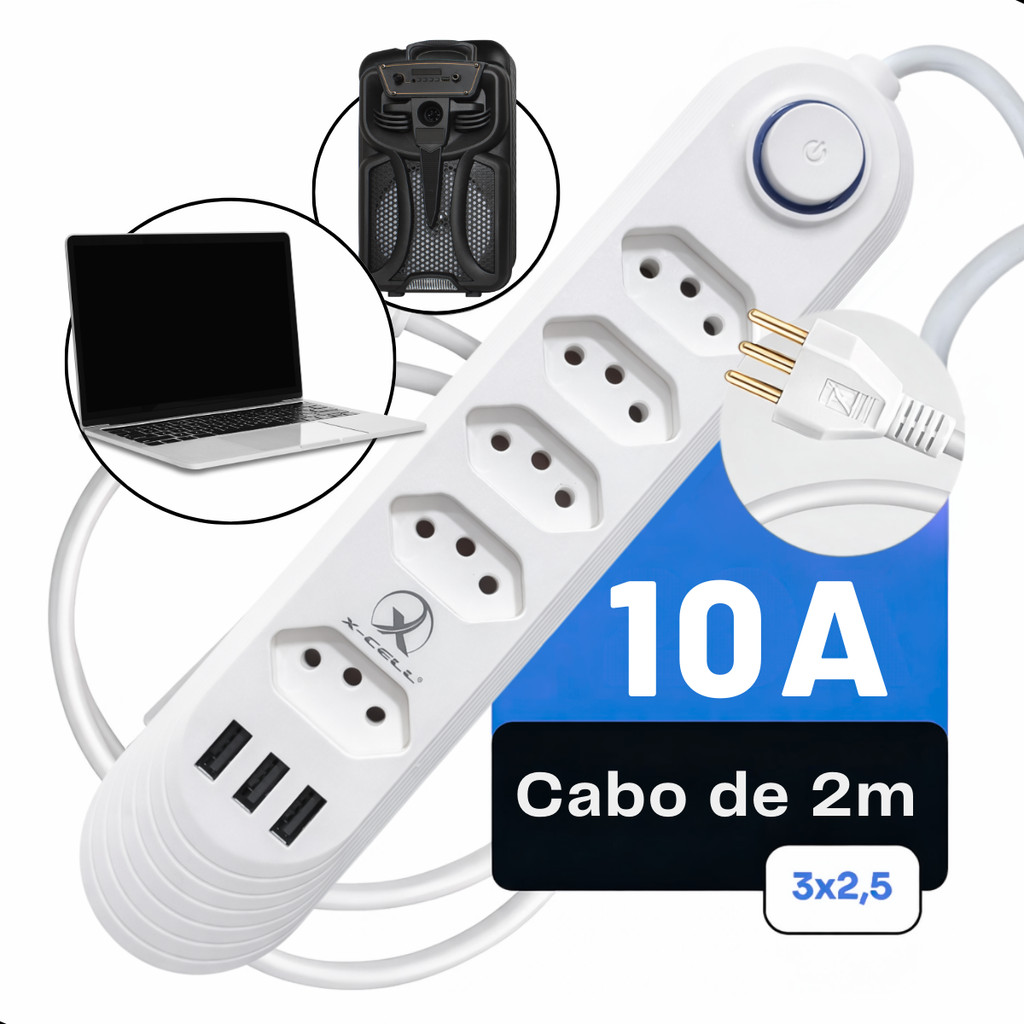 Filtro de Linha Extensão 5 Tomadas Régua 10A 2500W Usb Bivolt 110v/220v 2 Metros