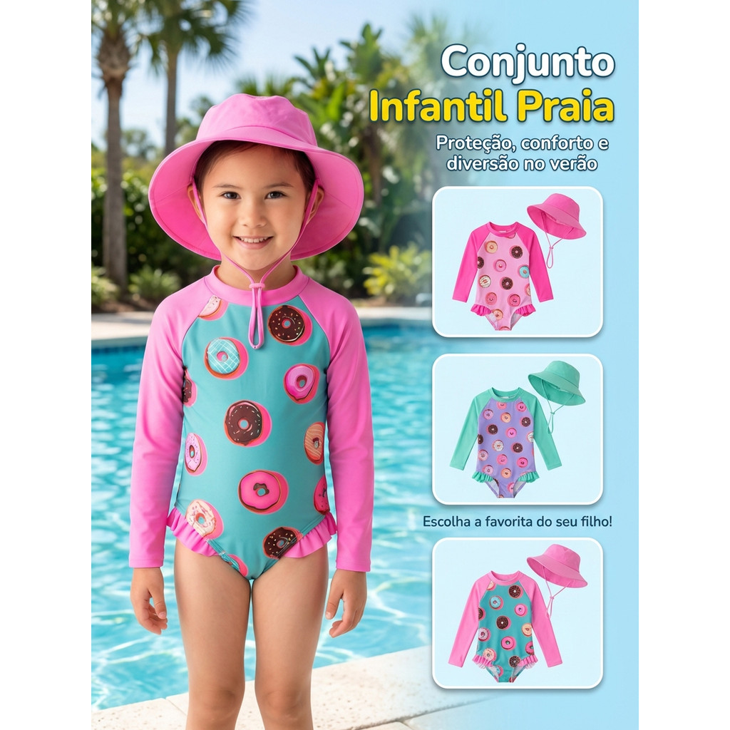 maiô infantil para menina com chapéu e proteção UV - ideal para piscina e praia