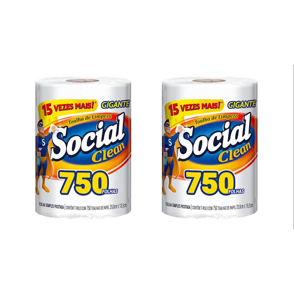 Combo 2 Rolos Papel Toalha Social Clean 750 Fls - Equivale A 30 Rolos Comuns - Super Kit