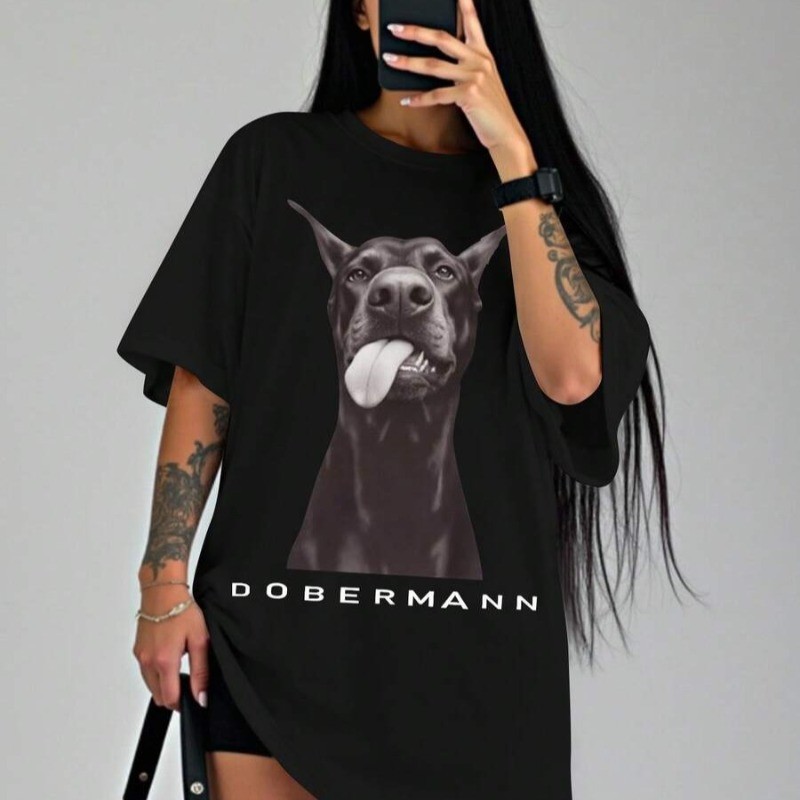 Camiseta Oversized de Algodão Estampa Dobermann Estilo Streetwear, Confortável e Respirável para Homens e Mulheres