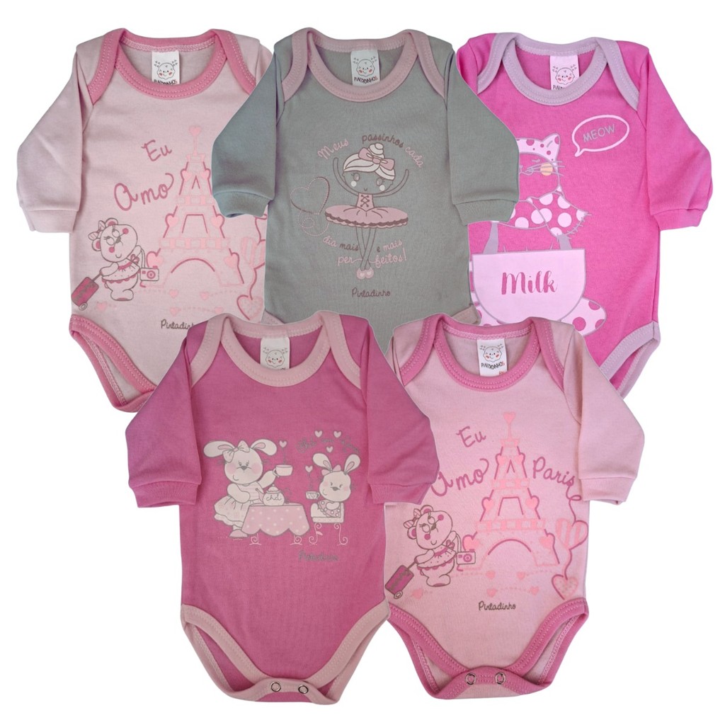 Kit Com 5 Bodys Bebê Suedine Manga Longa Estampado - Pintadinho