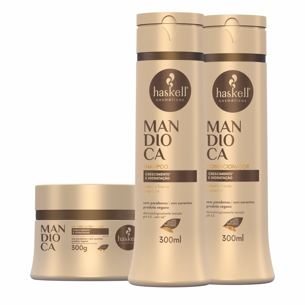 Kit Mandioca 300gr Haskell (3 itens) | Shampoo + Condicionador + Máscara | Crescimento e Hidratação