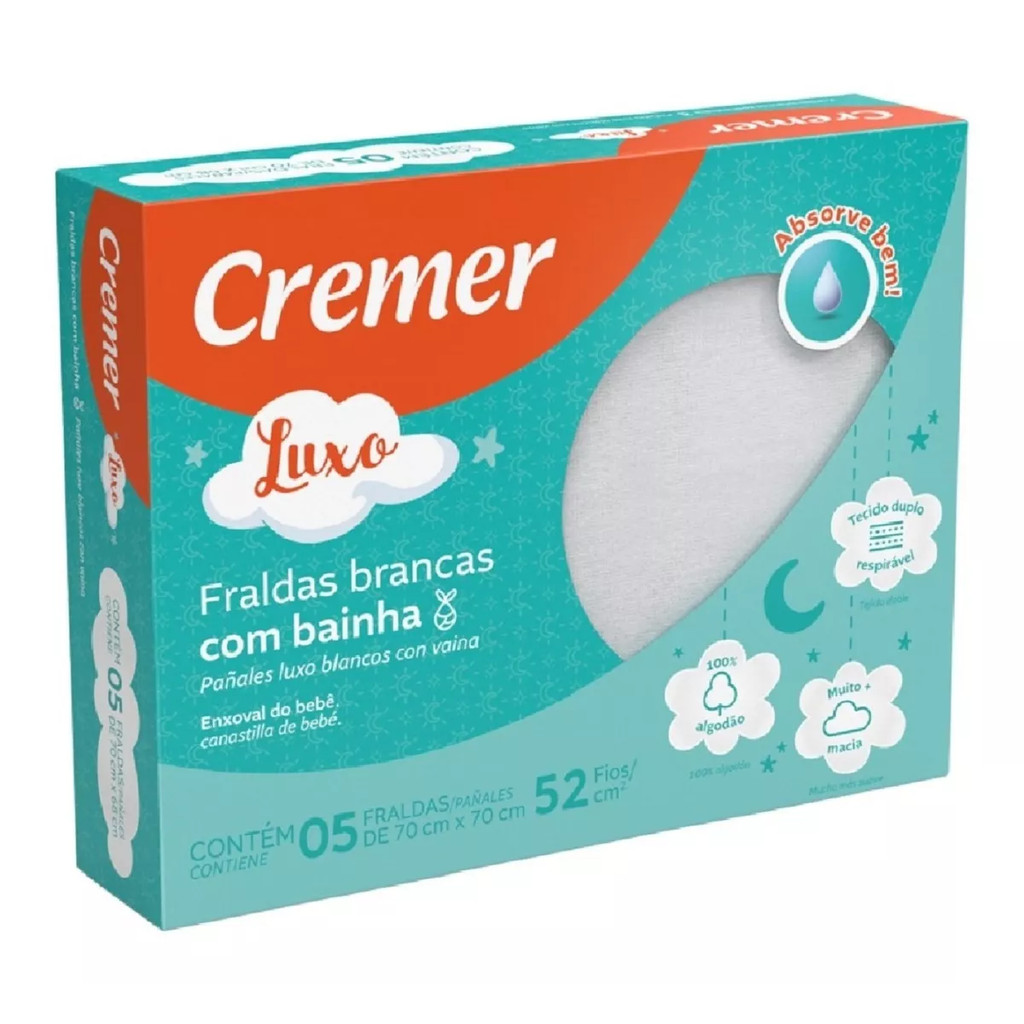 Fralda De Pano Com Bainha Branca 100% Algodão Luxo Cremer