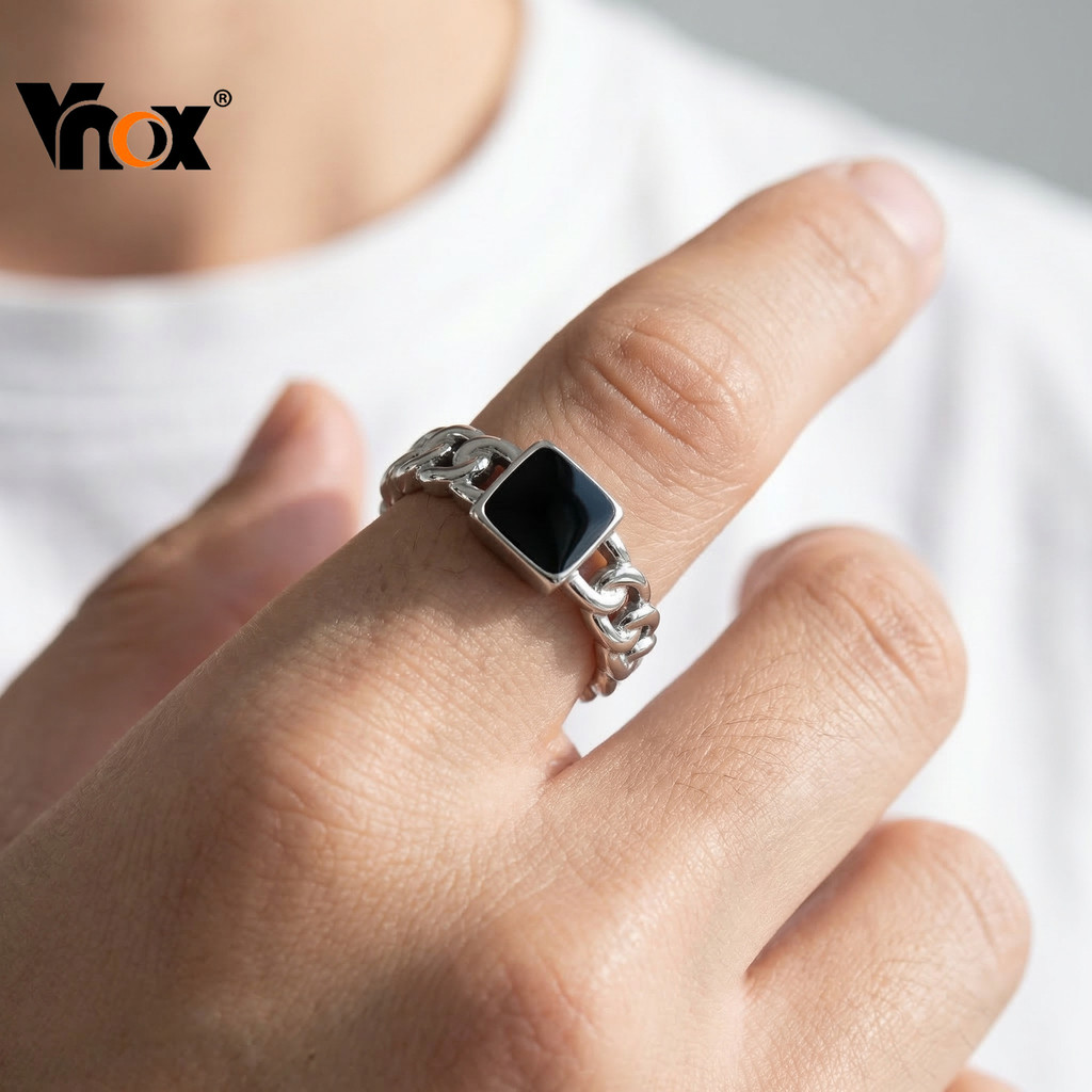 Anel De Abertura Geométrica Vitrificada Vnox Black Drop Para Homens , Presente De Joia Retrô Personalizado Ajustável