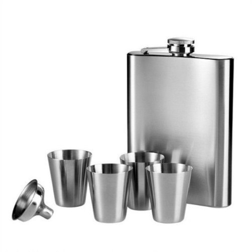 Kit Cantil Garrafa Inox Porta Bebida Bolso 4 Copos E 1 Funil