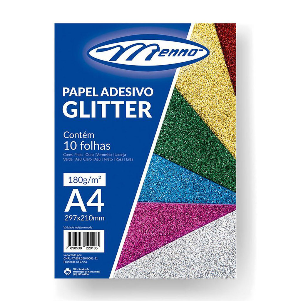 Papel adesivo glitter A4 180g pacote com 10 folhas Menno