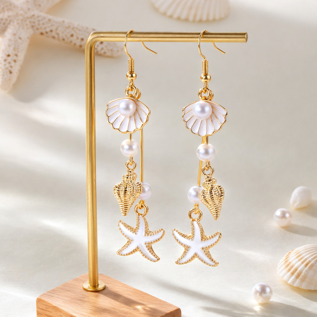 Brincos Longos Femininos Estrela do Mar Concha Pérola Dourado/Prata Moda Praia Verão Boho Acessórios Femininos — imagem 2 de 2