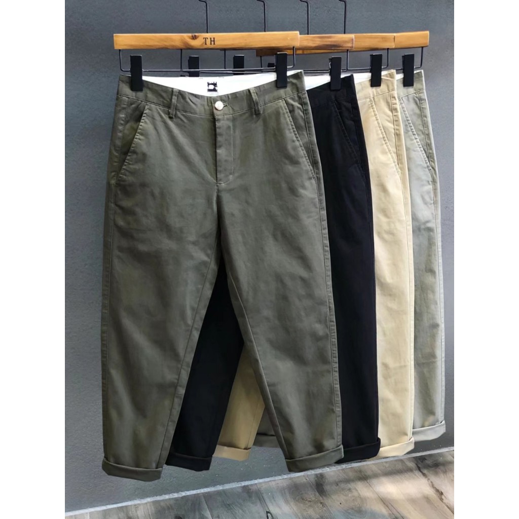 Calças casuais masculinas primavera outono fino pequeno terno reto calças de algodão puro versão coreana na moda tornoze
