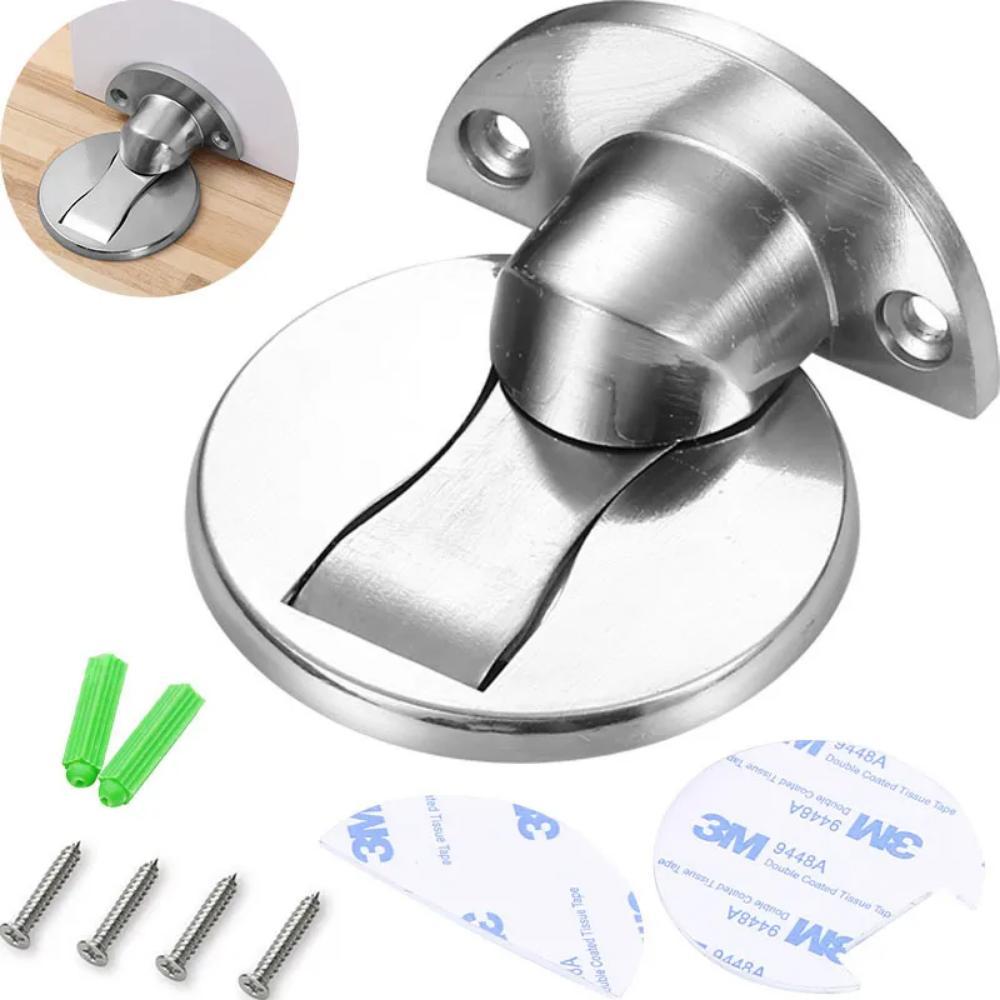 KIT TRAVA PORTA MAGNÉTICA INOX 2 PEÇAS BATENTE DE PORTA COM FIXAÇÃO PARAFUSO OU ADESIVO
