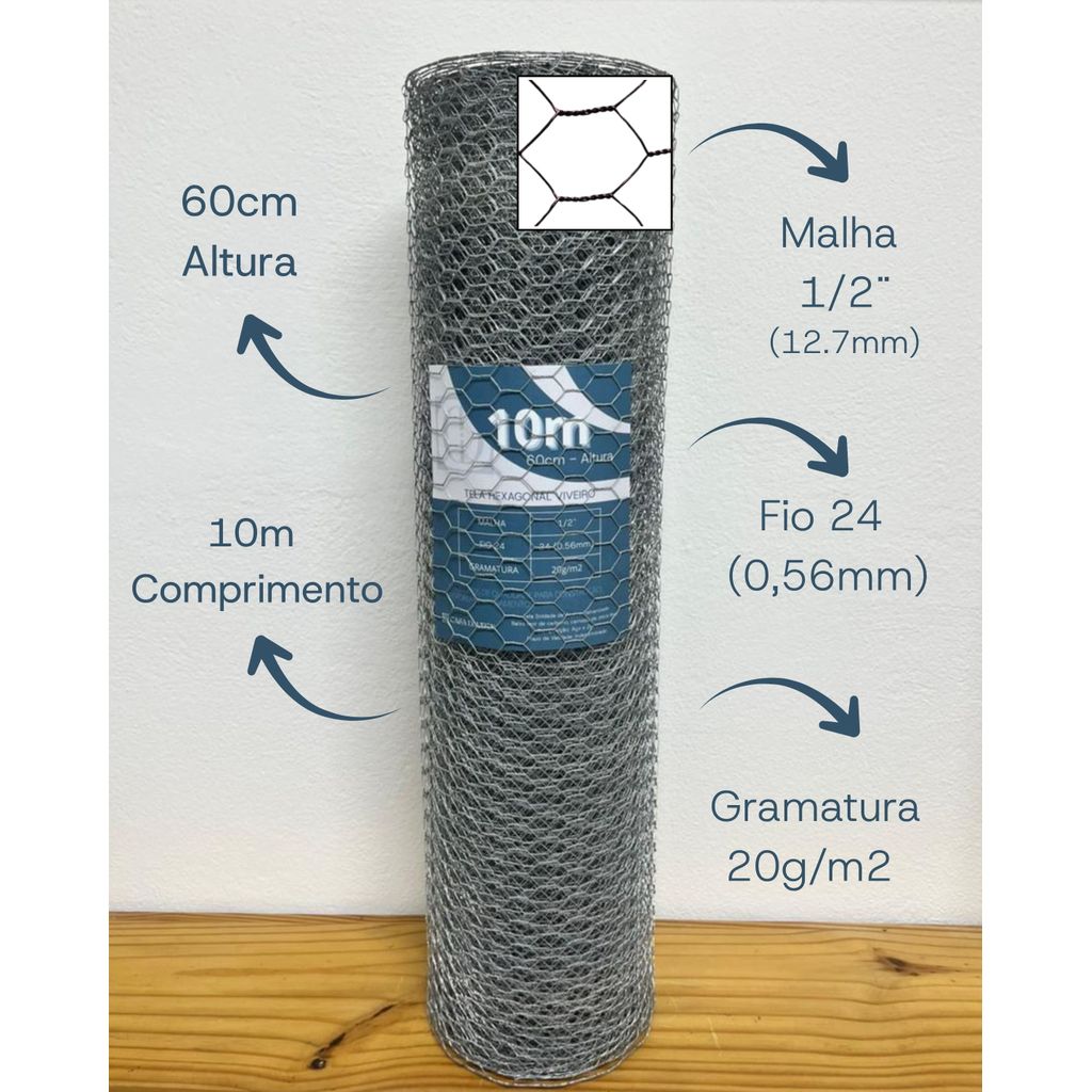 Tela Viveiro Galv. 1/2"  0,60x10m Fio 24(0,56mm) Casa Daufen