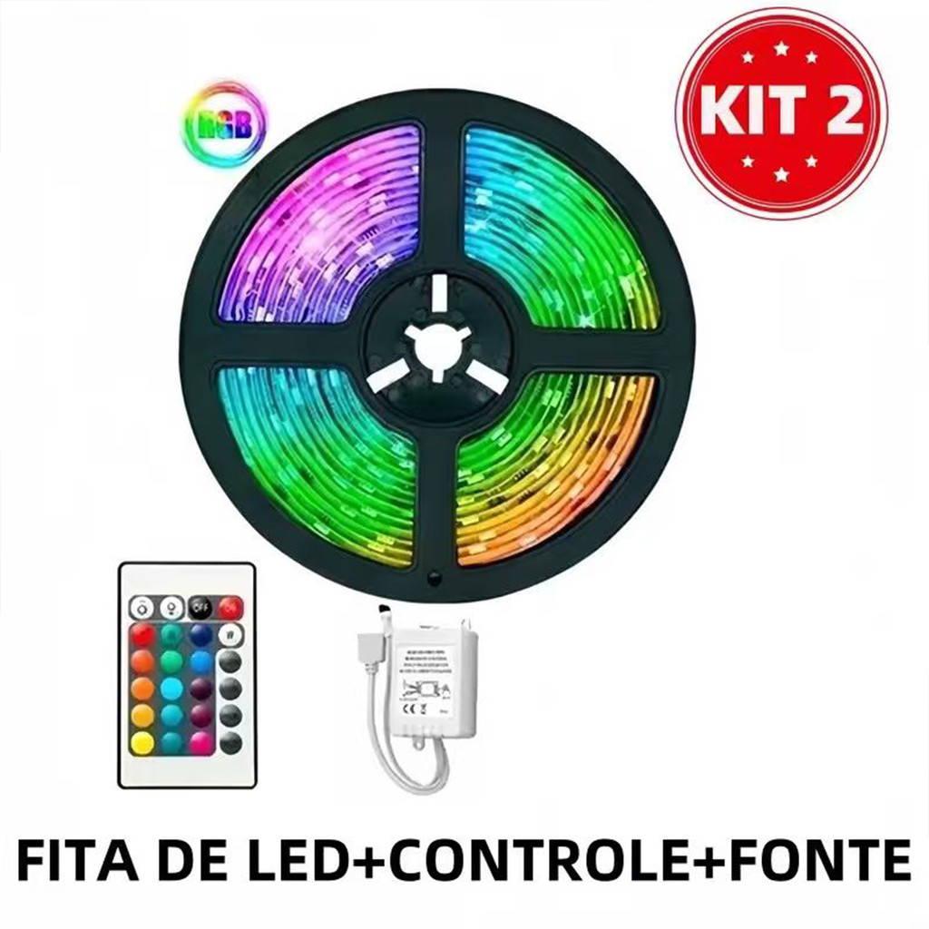 Fita Led Rgb 3528 Colorida 5m + Controle+Fonte 300 Led Decoração Casa Loja Gesso Teto Sanca Vitrine em Oferta na Shopee