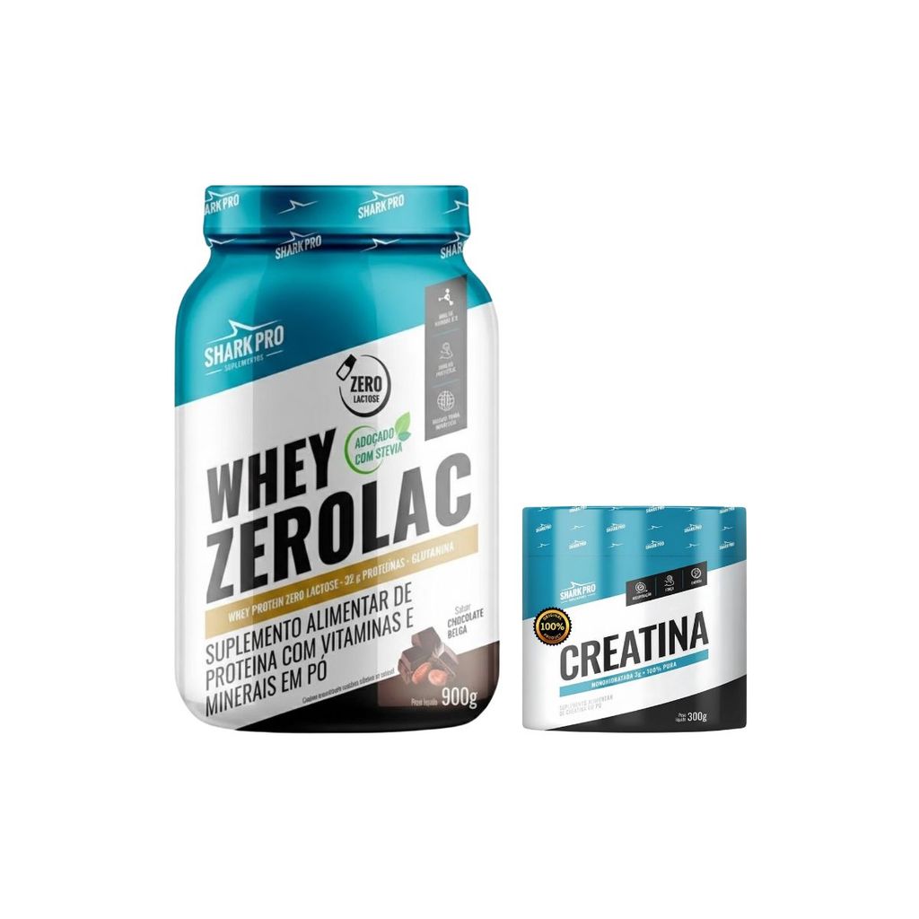Mix Whey Protein ZeroLac Chocolate Belga 32g De Proteína Pote 900g + Creatina Shark Pro