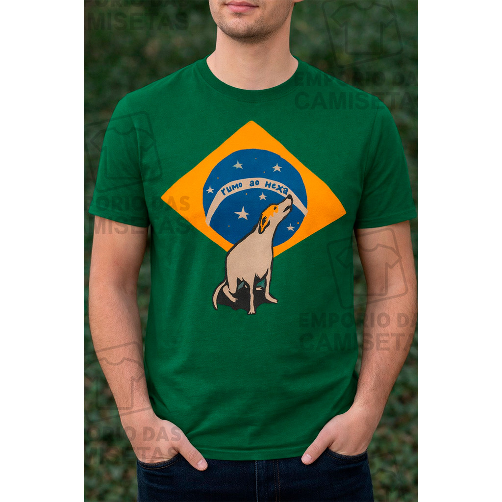 Camiseta Brasil Futebol Rumo ao Hexa Verde Bandeira Algodão Estampa DTF