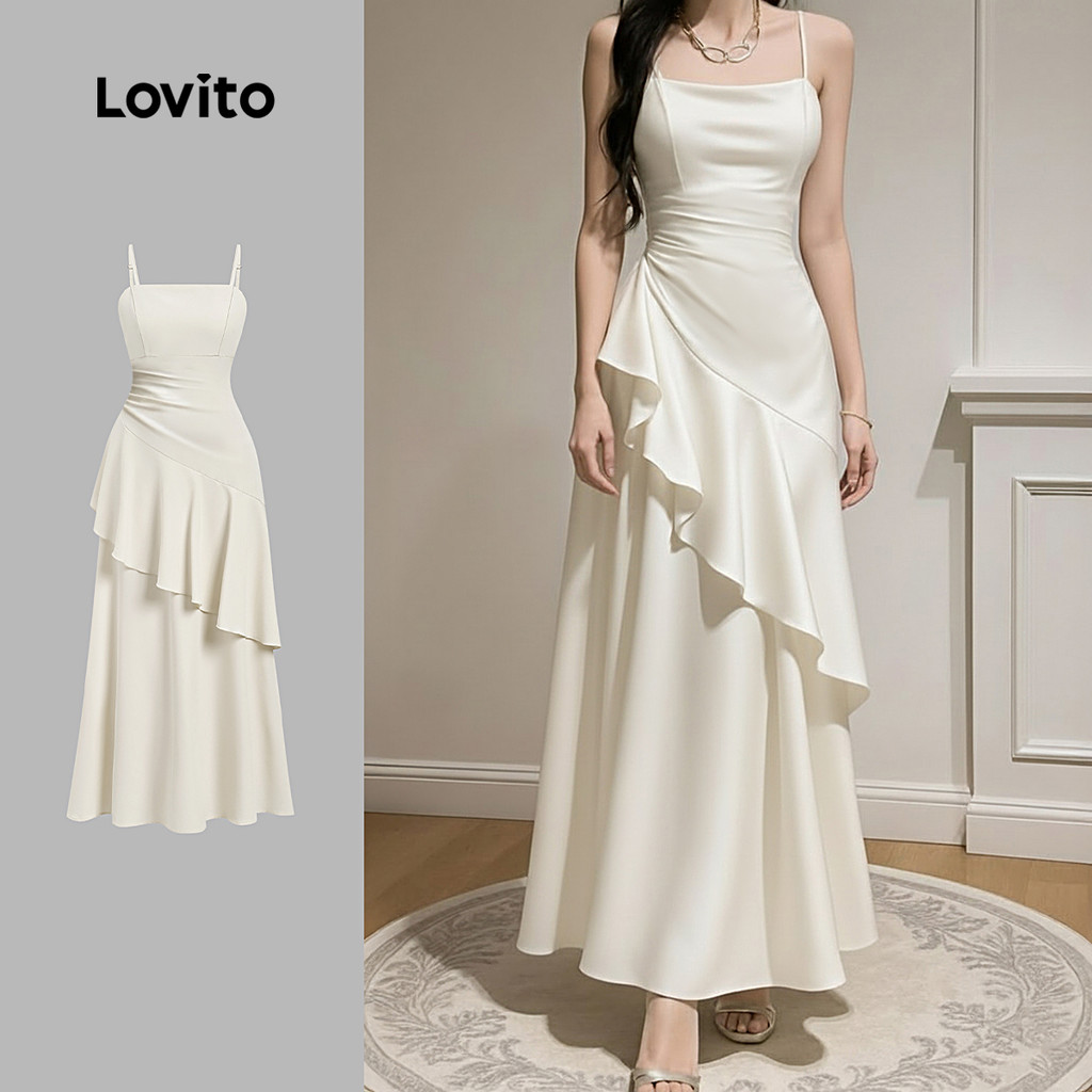 Lovito Elegante Vestido Casamento Formal Dama De Honra Babados Primavera/verão Sofisticado em Damasco Mulheres L171ED208