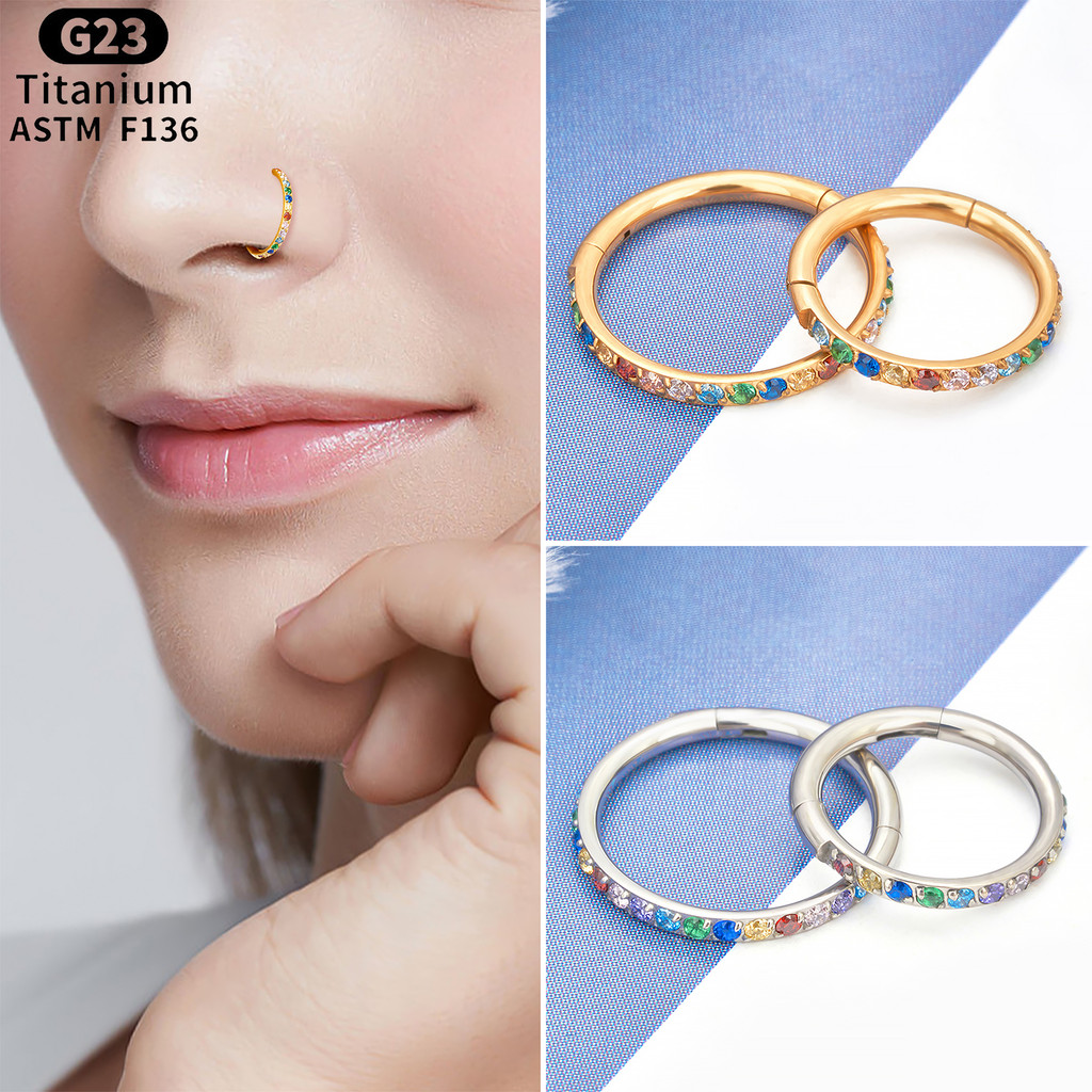 FINE4U 100% titânio incrustado colorido zircão moda nariz anel e brincos