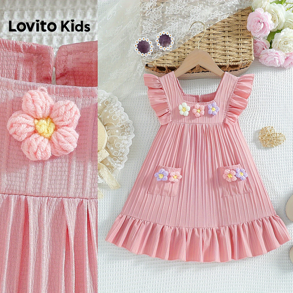 Lovito Kids  Vestido Rosa Primavera/verão com Apliques de Babados e Bolso para Menina L174LD144 em Oferta na Shopee