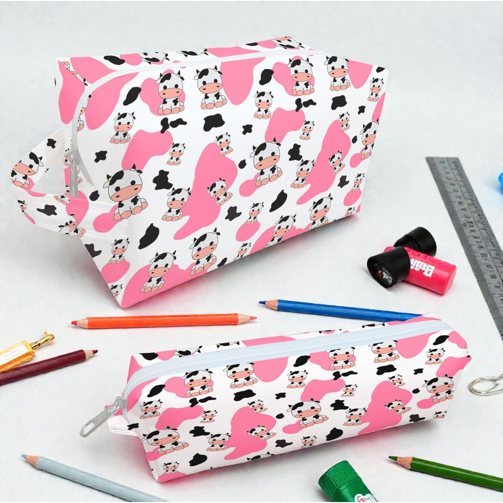 Necessaire estojo porta lápis organizador resistente compacto multiuso vaca vaquinha rosa fazenda leite