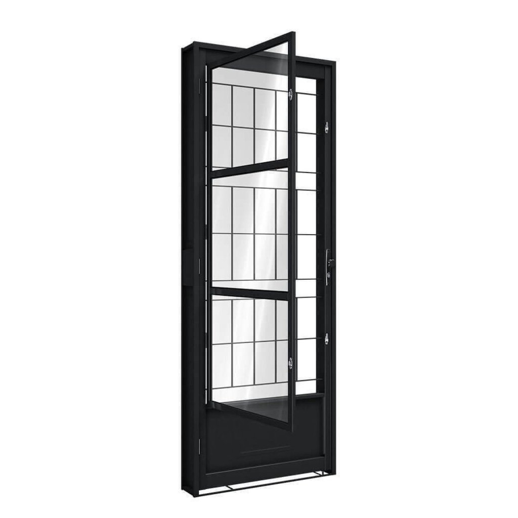 Porta de Aço de Giro com Postigo e Grade Quadrada 215x85cm Aço Pronto Riobras Abertura Direita