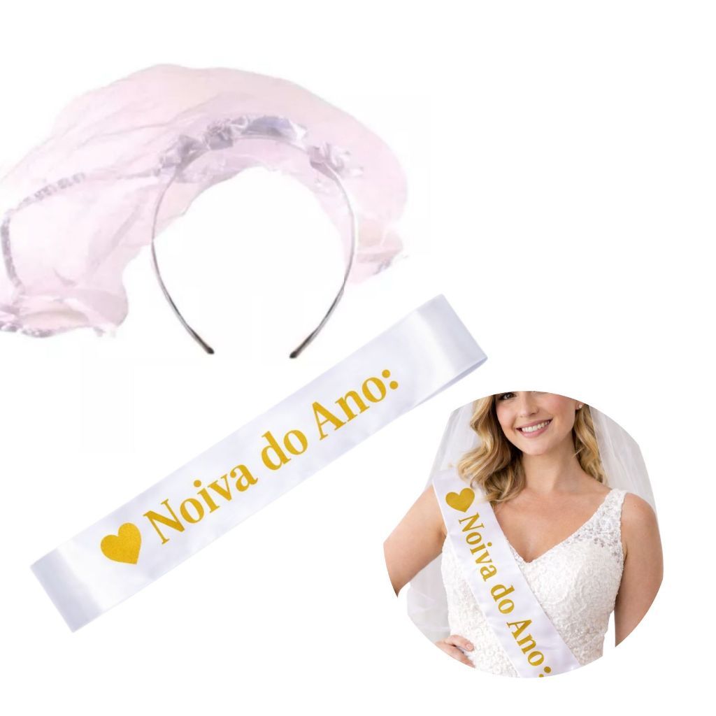 Kit Noiva do Ano com Faixa Personalizada e Tiara Véu em Oferta na Shopee