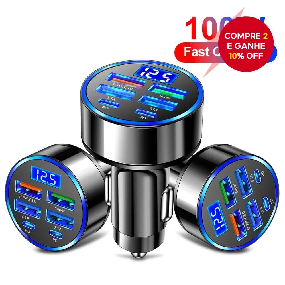 Carregador de carro com 6 portas, carregamento rápido PD QC3.0, adaptador USB C para iPhone. Carregador de carro com 6 portas, carregamento rápido PD QC3.0, adaptador USB C para iPhone.