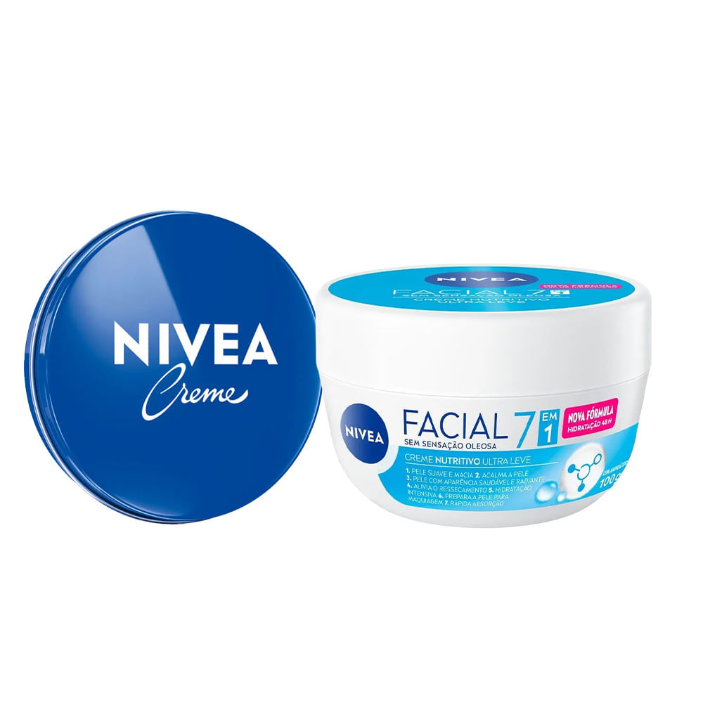Kit Nivea Care Creme Hidratante Latinha Azul 56g + Hidratante Facial Nutritivo 7 em 1 100g
