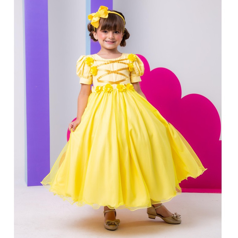 Vestido Fantasia Infantil A Bela e a Fera Temático Longo Amarelo