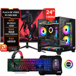 Pc Gamer Completo RX 580 8gb, Ryzen 5 4500, 16GB DDR4, SSD 480GB, Monitor 24" 100Hz, Kit Periféricos