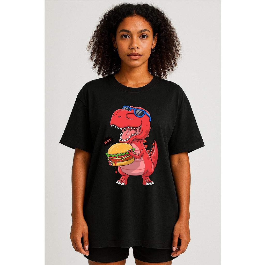 Camiseta Feminina Streetwear Algodão Penteado Infantil Adulto Plus Size Estampa Dino Hamburguer Comida dinossauro Meigo