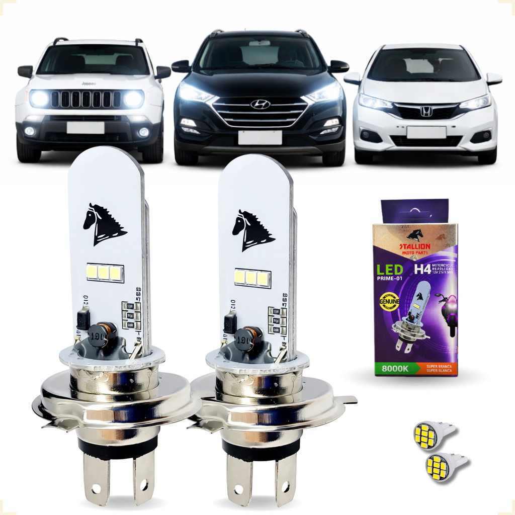 Par de Lampadas Stallion Farol Alto e Baixo Led H4 Carro Renegade Tucson Fit 8000k Efeito Xenon