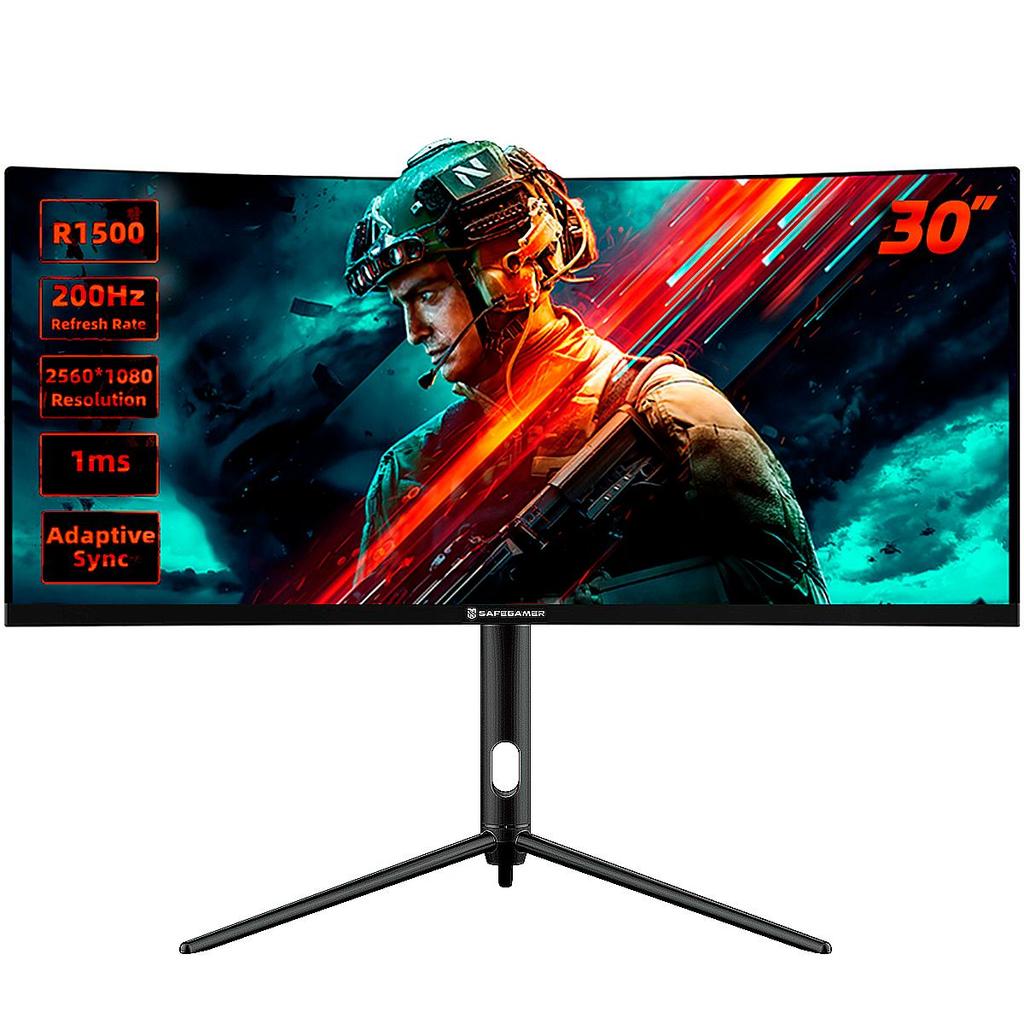 Monitor Safe Gamer 30" WFHD 200Hz 1MS, HDMI, DP, VA, Ultrawide, Curvo, Adaptive-sync - Preto - MU030