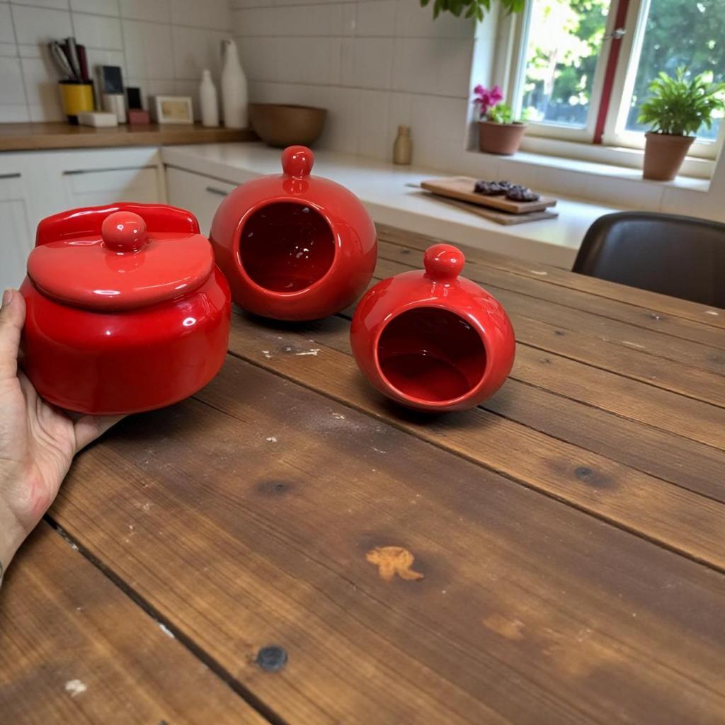 Kit Porta Sal Alho e Cebola Feito de Cerâmica Vermelho Porta Condimento Para Cozinha