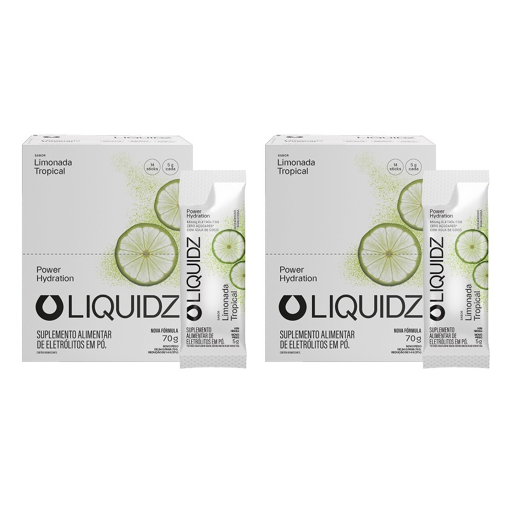 LIQUIDZ® - Eletrólitos Zero Açúcares - Limonada Tropical - Kit 2 Caixas - 28 sachês
