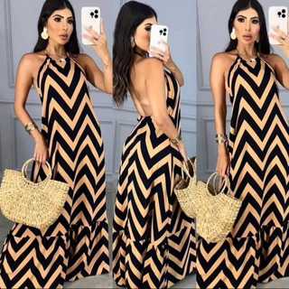 Vestido longo Feminino luxo Frente Unica Listrado costa nua zig zag branco