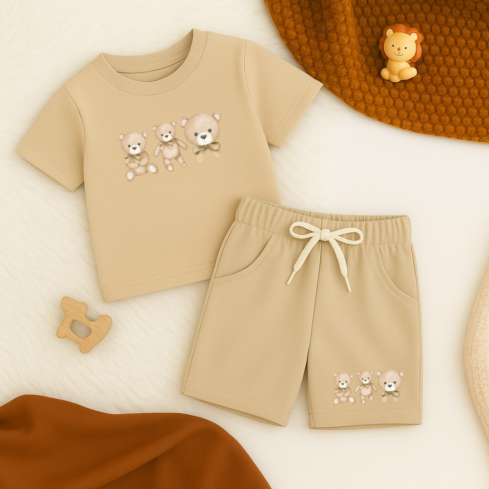Conjunto Infantil Masculino Camiseta Algodão + Short Moletinho Estampado Três Ursinhos 953 Fofo
