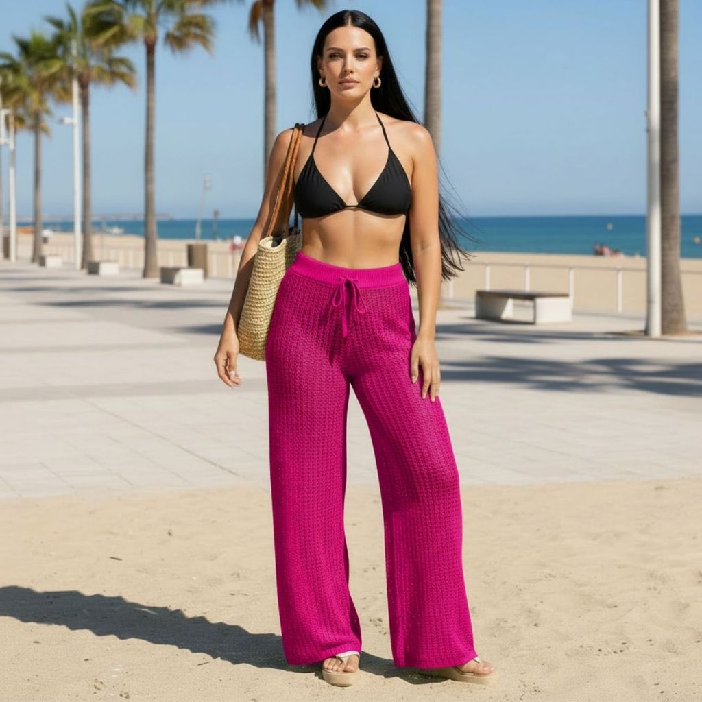 Calça Tricô Saída De Praia Pantalona C/ajuste Canga Piscina Ideal para Quem Busca Praticidade e Moda Atual