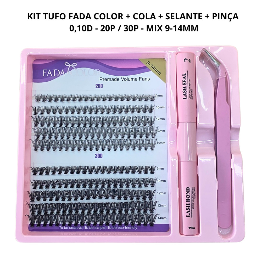 Kit Cartela Cílios Tufo + Cola + Selante + Pinça Fada Color 20P e 30P Mix 9mm - 14mm em Oferta na Shopee